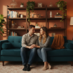 Couple sitting close on a teal sofa in a cozy living room with a wooden bookshelf and plants behind them.