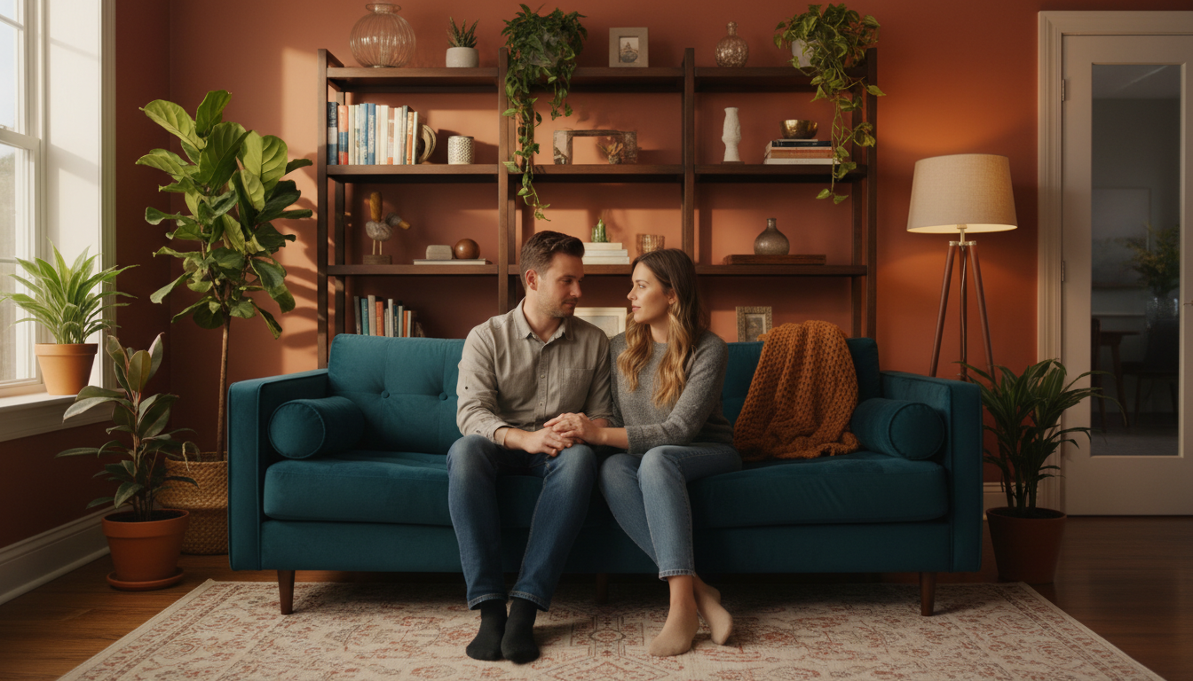 Couple sitting close on a teal sofa in a cozy living room with a wooden bookshelf and plants behind them.