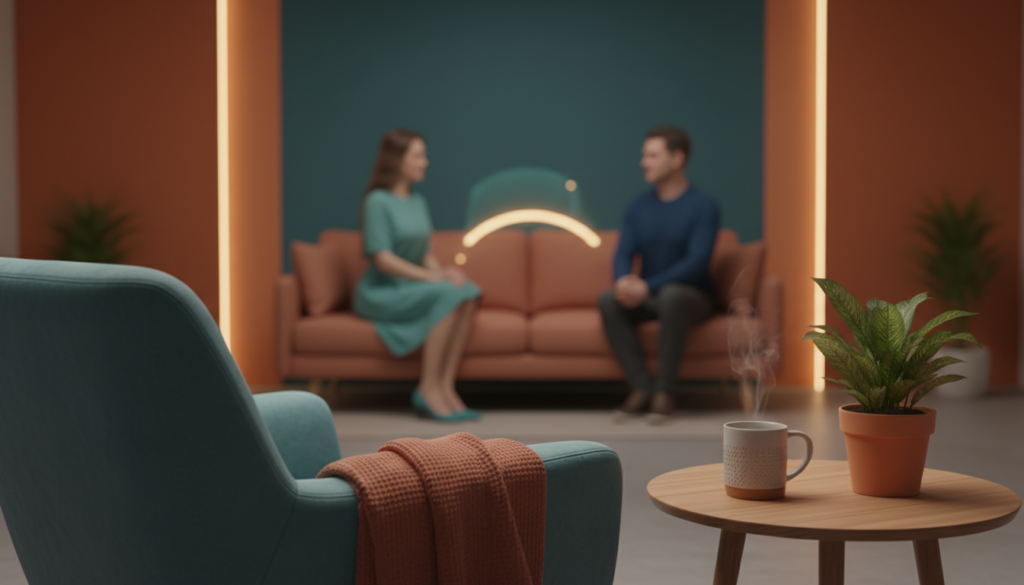 casal no sofá distante um do outro, em crise, no consultório, começando uma terapia de casal.