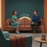casal no sofá distante um do outro, em crise, no consultório, começando uma terapia de casal.
