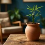 Uma fotografia calorosa e com foco suave, em estilo cinematográfico, de um pequeno e jovem broto de bambu verde crescendo em um elegante vaso de cerâmica de terracota sobre uma mesa de madeira rústica e desgastada. O broto, com folhas finas e delicadas que exibem gotículas de orvalho, é o ponto central, posicionado ligeiramente à direita do centro. Ao seu lado, à direita, está uma caneca de cerâmica artesanal e texturizada, em tons terrosos. A mesa de madeira, em primeiro plano, revela texturas naturais e ranhuras, sob uma iluminação suave e natural que vem da esquerda, destacando a terra escura dentro do vaso e a superfície da terracota. O segundo plano, visivelmente desfocado (efeito bokeh), mostra o ambiente aconchegante de uma sala de estar. À esquerda, uma poltrona de madeira com estofamento claro e uma almofada, acompanhada por uma luminária de chão ao fundo. Diversas plantas domésticas em vasos estão distribuídas pelo espaço, e uma parede ao fundo exibe uma pintura em tom azul-petróleo profundo. A atmosfera é intimista e tranquila, sugerindo paciência e cuidado.