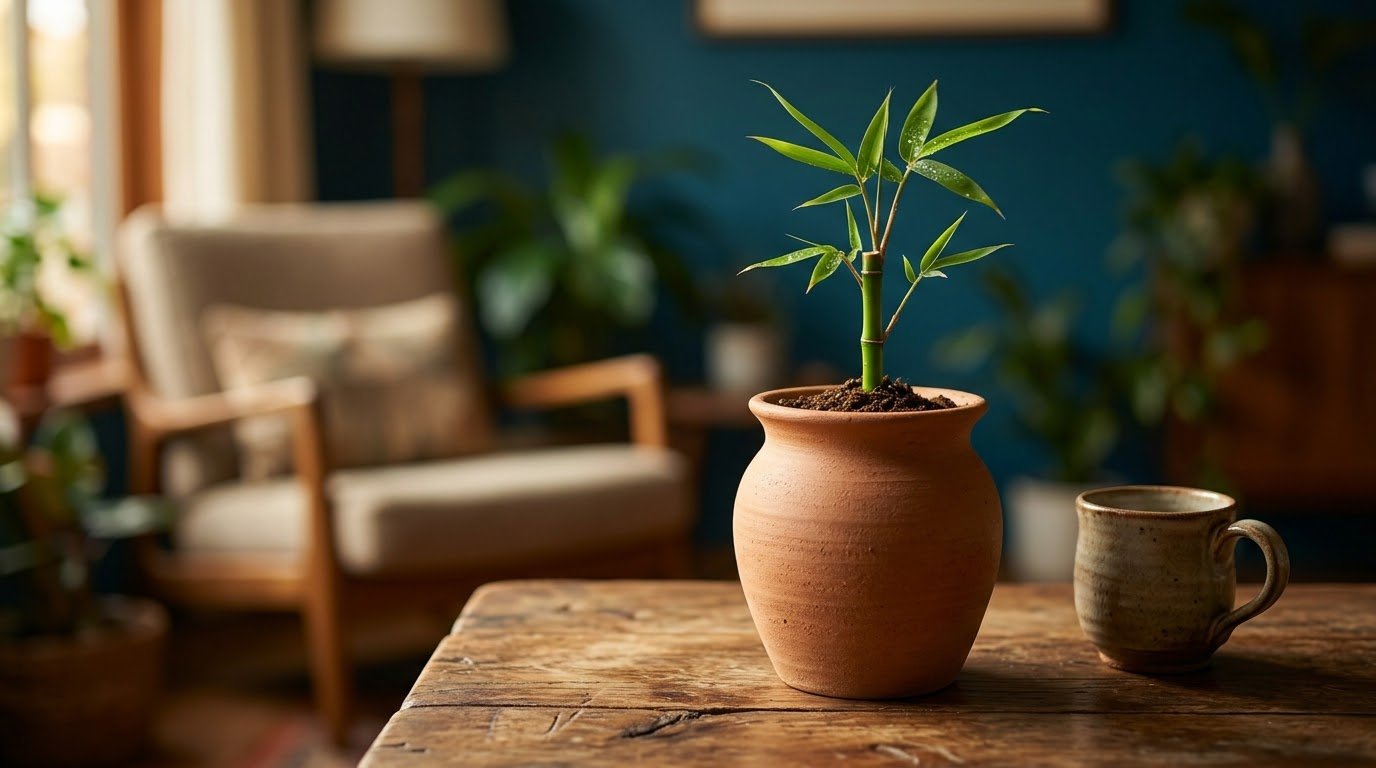 Uma fotografia calorosa e com foco suave, em estilo cinematográfico, de um pequeno e jovem broto de bambu verde crescendo em um elegante vaso de cerâmica de terracota sobre uma mesa de madeira rústica e desgastada. O broto, com folhas finas e delicadas que exibem gotículas de orvalho, é o ponto central, posicionado ligeiramente à direita do centro. Ao seu lado, à direita, está uma caneca de cerâmica artesanal e texturizada, em tons terrosos. A mesa de madeira, em primeiro plano, revela texturas naturais e ranhuras, sob uma iluminação suave e natural que vem da esquerda, destacando a terra escura dentro do vaso e a superfície da terracota. O segundo plano, visivelmente desfocado (efeito bokeh), mostra o ambiente aconchegante de uma sala de estar. À esquerda, uma poltrona de madeira com estofamento claro e uma almofada, acompanhada por uma luminária de chão ao fundo. Diversas plantas domésticas em vasos estão distribuídas pelo espaço, e uma parede ao fundo exibe uma pintura em tom azul-petróleo profundo. A atmosfera é intimista e tranquila, sugerindo paciência e cuidado.