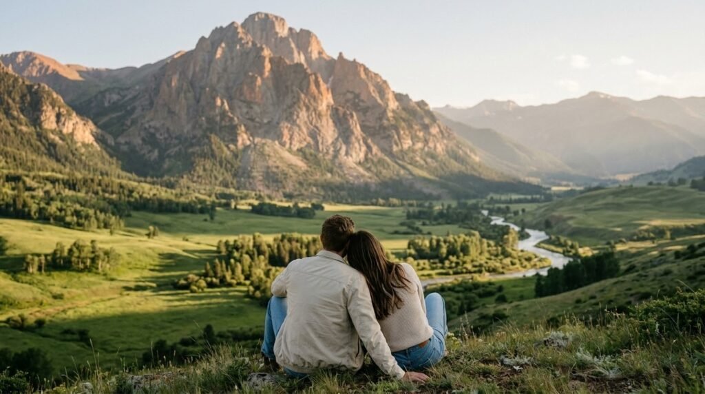 Casal contemplando a harmonia da paisagem, a conexão entre o vale e montanha.